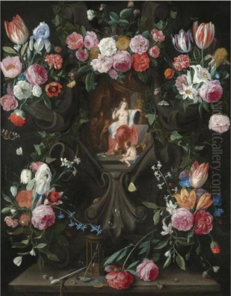 A Garland Of Flowers, Including 
Irises, Parrot Tulips And Roses, Surrounding A Stone Niche Inset With A 
Vanitas Scene Oil Painting by Jan van Kessel