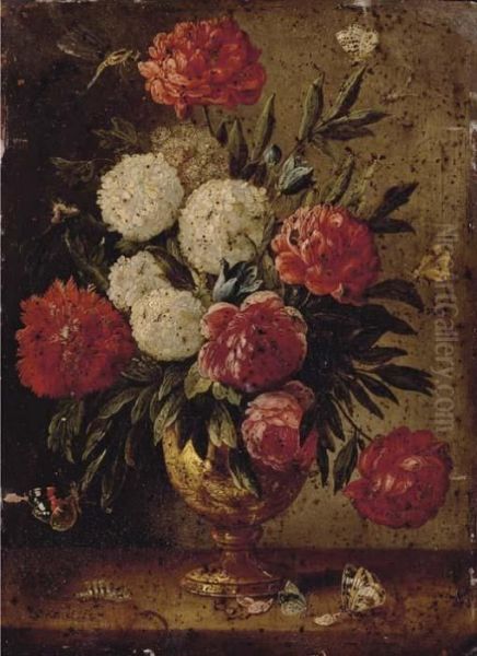 Roses, Carnations, Morning-glory And Other Flowers With Ants In A Gold Sculpted Urn Oil Painting by Jan van Kessel