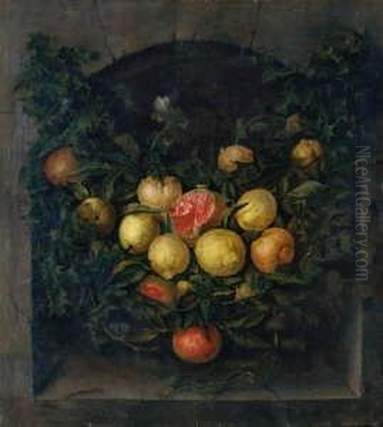 Fruchtestilleben. Vor Einer Nische Ein Gewinde Aus Zitronen, Orangen Und Granatapfeln. Oil Painting by Jan van Kessel