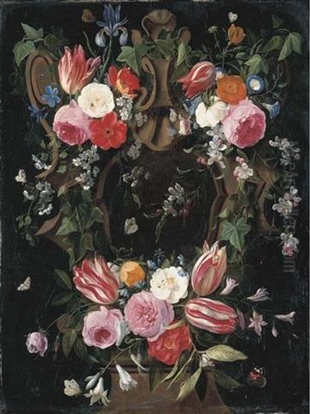 A Garland Of Tulips, Roses, 
Morning Glory, An Iris, Clematis And Other Flowers Surrounding A 
Sculpted Stone Cartouche With A Red Admiral, A Common Blue And Other 
Butterflies And Insects Oil Painting by Jan van Kessel