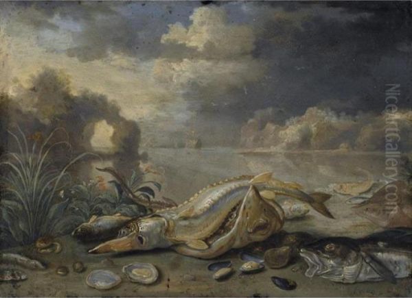 Sturgeon And Thornback Ray With A
 Cod Oysters Mussels And Other Fish On A 
Seashore A Ship In The Distance Oil Painting by Jan van Kessel