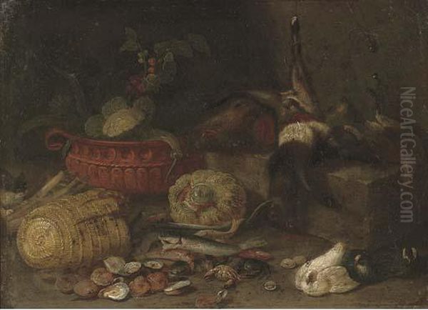 Pigeons And Fish With A Cat And A Wicker Basket And A Terracotta Pot With A Cauliflower Oil Painting by Jan van Kessel