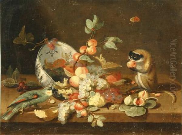 Still Life Of Fruit Spilling From A Bowl With A Parrot Andmonkey Oil Painting by Jan van Kessel