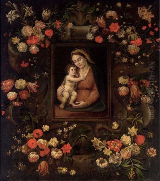 The Madonna And Child Placed In A Stone Ornament Surrounded Oil Painting by Jan van Kessel