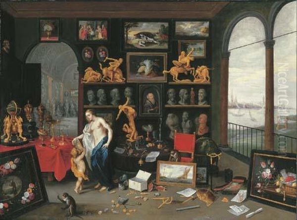 An Allegory Of Sight: A Collector's Cabinet, A View Of Antwerpbeyond Oil Painting by Jan van Kessel