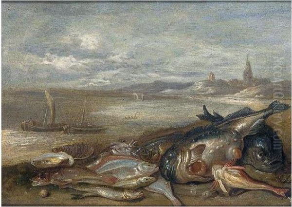 A Still Life Of Various Fish And
 Crustaceans On A Beach, With Fishing Boats And A Town Beyond Oil Painting by Jan van Kessel