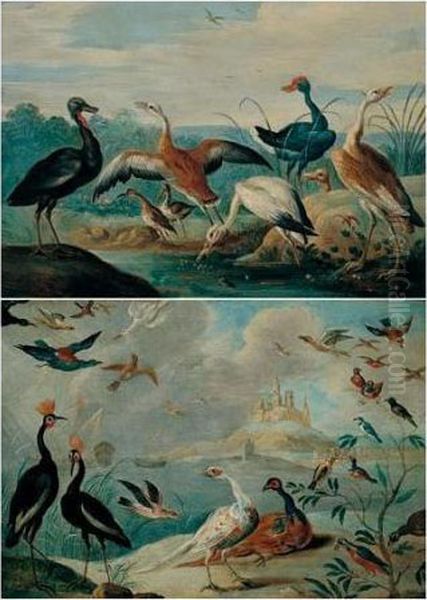 Pheasants And Various Other Fowl In A Coastal Landscape Oil Painting by Jan van Kessel