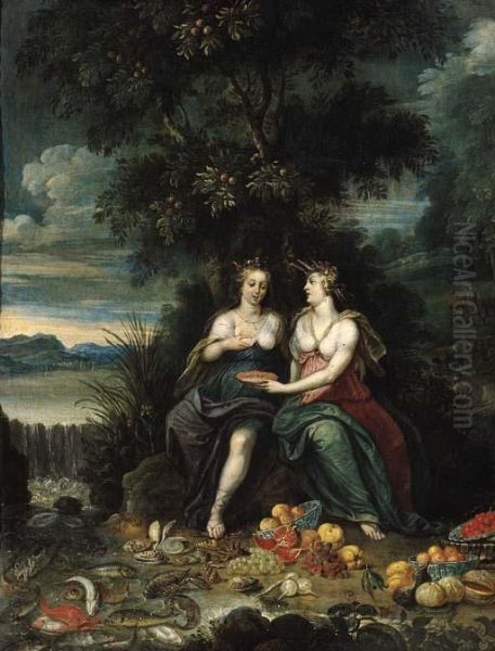 Personifications Of The Elements
 Of Water And Earth Seated On A River Bank By A Waterfall, Fruit And 
Fish In The Foreground Oil Painting by Jan van Kessel