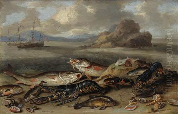 Lobsters, Red Mullet, Halibut, 
Flounder And Other Fish, With Sea Shells On A Beach, Shipping Beyond Oil Painting by Jan van Kessel