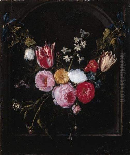 A Swag Of Roses, Tulips, An 
Anemone And Other Flowers With Abutterfly At A Feigned Stone Niche Oil Painting by Jan van Kessel