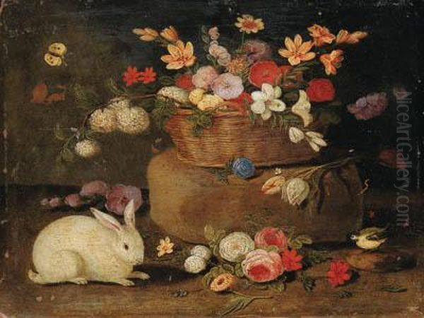 Roses, Dahlias, Paeonies, Tulips
 And Other Flowers In A Basket On Astone Seat, With A White Rabbit, A 
Great Tit And A Butterfly Oil Painting by Jan van Kessel