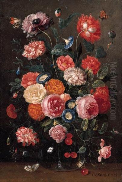 Roses, Carnations, Morning 
Glory, A Poppy And A Sprig Of Cherriesin A Glass Vase, A Wall Brown, An 
Orange Tip, A Red Admiral And Amagpie Butterfly On A Table Oil Painting by Jan van Kessel