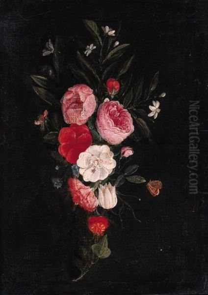 A Swag Of Roses, Carnations And Other Flowers - A Fragment Oil Painting by Jan van Kessel