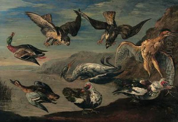 Birds Of Prey Attacking Herons And Ducks By A Pond Oil Painting by Jan van Kessel