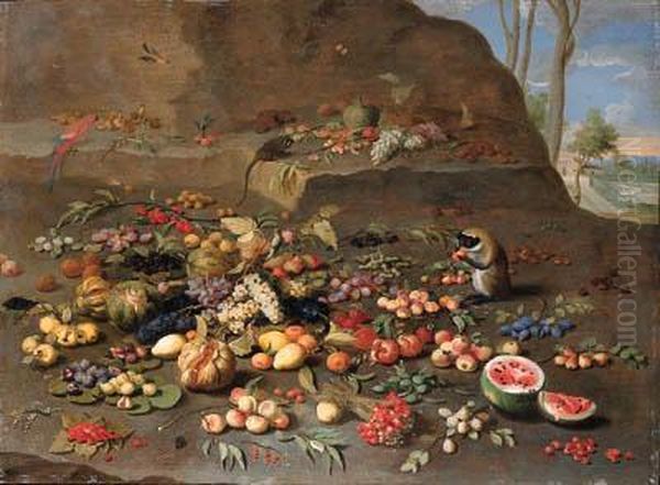 Apples, Peaches, Oranges, 
Melons, Pomegranates, Plums, Cherries,figs, Grapes, Pears, A Water Melon
 And Other Fruit On A Hillsidewith Monkeys, A Parrot And A Jay, A Villa 
And A Formal Gardenbeyond Oil Painting by Jan van Kessel