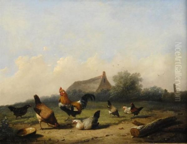 Roosters And Hens Oil Painting by Cornelis van Leemputten