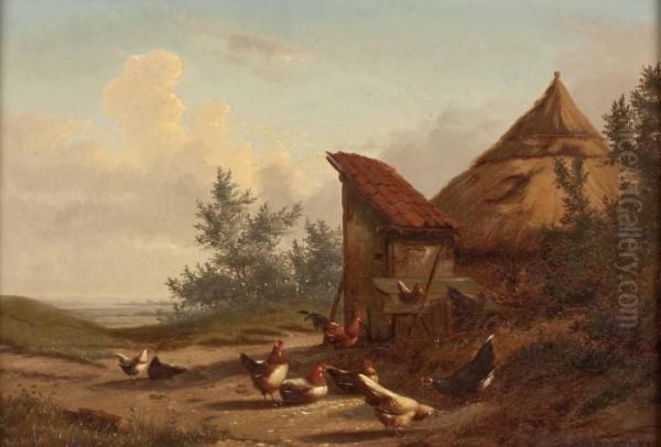 Huhner Am Hof Oil Painting by Cornelis van Leemputten