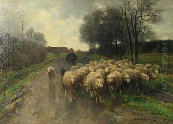 A Shepherdess With Her Flock Oil Painting by Cornelis van Leemputten