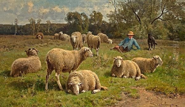 A Shepherd And His Dog Guarding A Flock Ofsheep Oil Painting by Cornelis van Leemputten