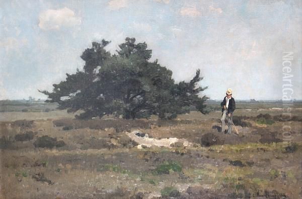 Landscape With Man Standing By A Tree Oil Painting by Cornelis van Leemputten