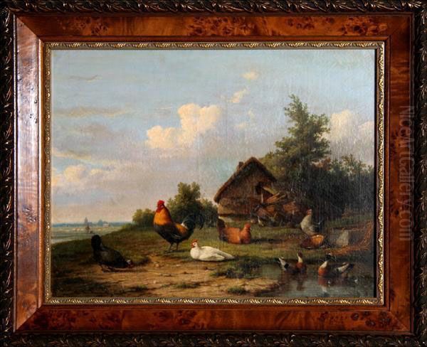 Barnyard Scene Oil Painting by Cornelis van Leemputten