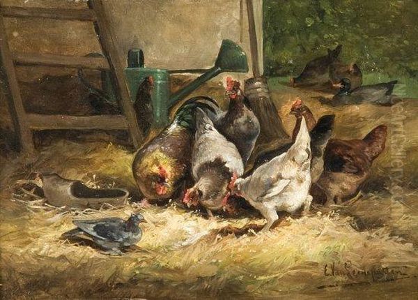 Poules Et Coq Dans Un Poulailler Oil Painting by Cornelis van Leemputten