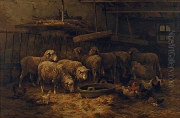 Moutons Dans La Bergerie Oil Painting by Cornelis van Leemputten