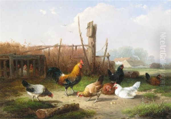 Cockerel And Hens In A Farmyard Oil Painting by Cornelis van Leemputten