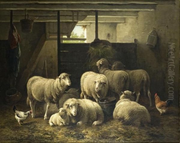 Stall Mit Schafen Und Huhnern Oil Painting by Cornelis van Leemputten