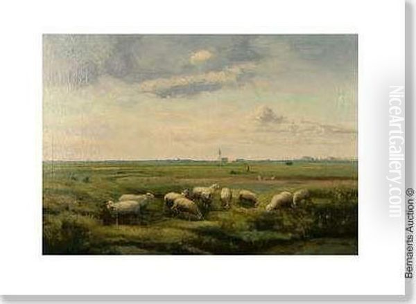 Landscape Withsheep And Village On The Horizon Oil Painting by Cornelis van Leemputten