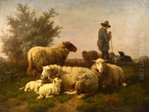 Sheep And Herder Oil Painting by Cornelis van Leemputten