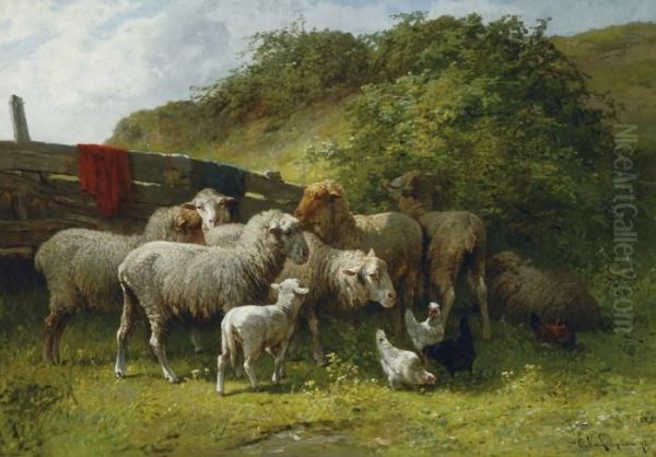 Sheep And Chicken Bythe Fence Oil Painting by Cornelis van Leemputten