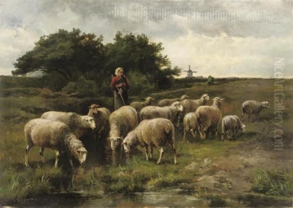 Sheep Near A Stream Oil Painting by Cornelis van Leemputten