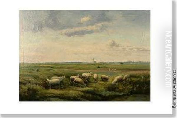 Landscape Withsheep And Village On The Horizon. Oil Painting by Cornelis van Leemputten