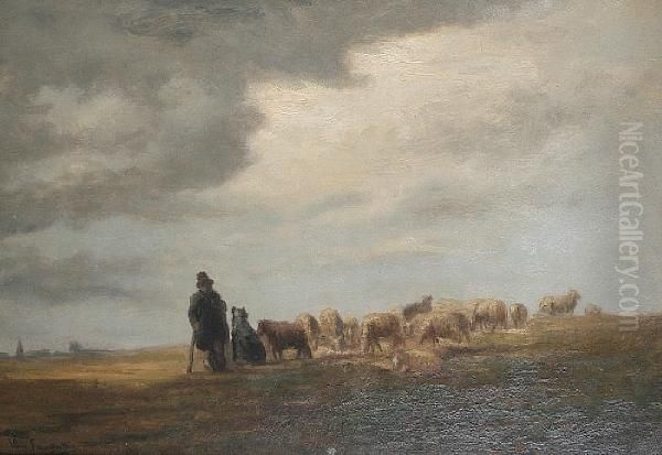 A Shepherd And His Flock In An Openlandscape Oil Painting by Cornelis van Leemputten