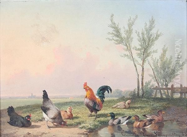 Cockerel And Chickens In A Landscape Oil Painting by Cornelis van Leemputten