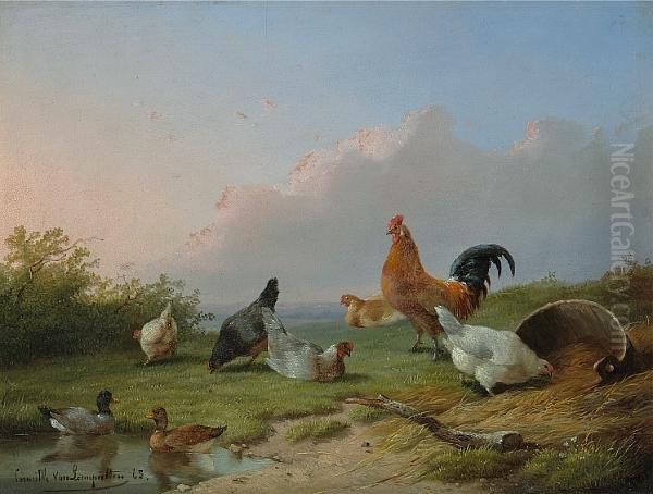 Chickens And Ducks In A Landscape; Also A Companion Painting (a Pair) Oil Painting by Cornelis van Leemputten