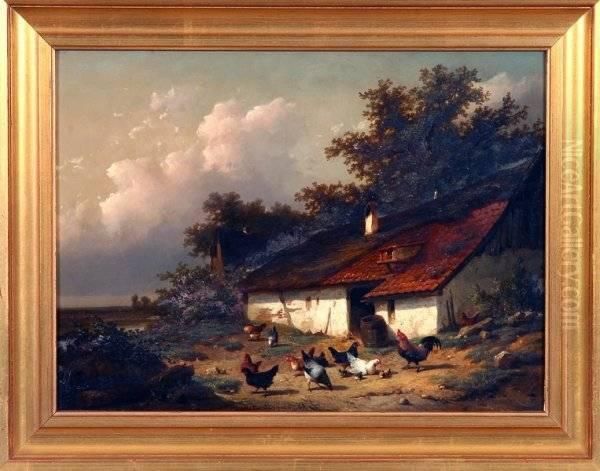 Chickens Feeding By Building Oil Painting by Cornelis van Leemputten