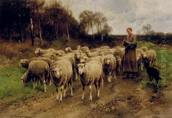 Shepherdess With Her Sheep Oil Painting by Cornelis van Leemputten