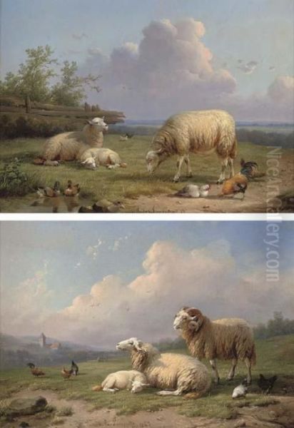 A Ram, Sheep And Poultry In A Landscape; And Sheep, Ducks And Poultry In A Landscape Oil Painting by Cornelis van Leemputten