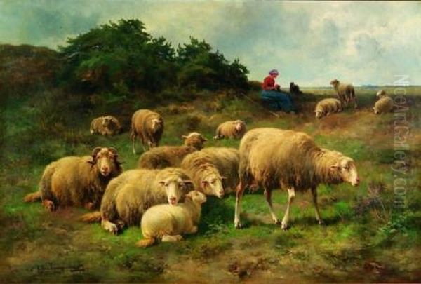 Sheep And Shepherdess 
Hand On The Reverse Oil Painting by Cornelis van Leemputten