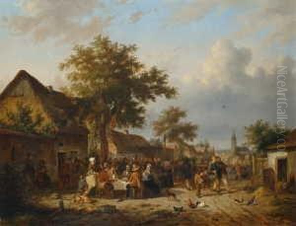 Dorfliches Strassenfest. 
Signiert Unten Links: C. Van Leemputten. Ol Auf Leinwand (doubliert). H 
63; B 83 Cm. Oil Painting by Cornelis van Leemputten