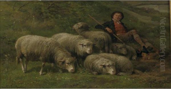 Shepherd And His Flock Oil Painting by Cornelis van Leemputten