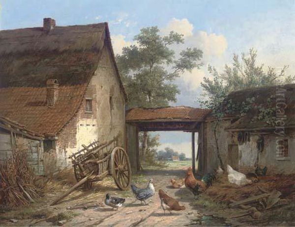 Poultry In The Farmyard Oil Painting by Cornelis van Leemputten