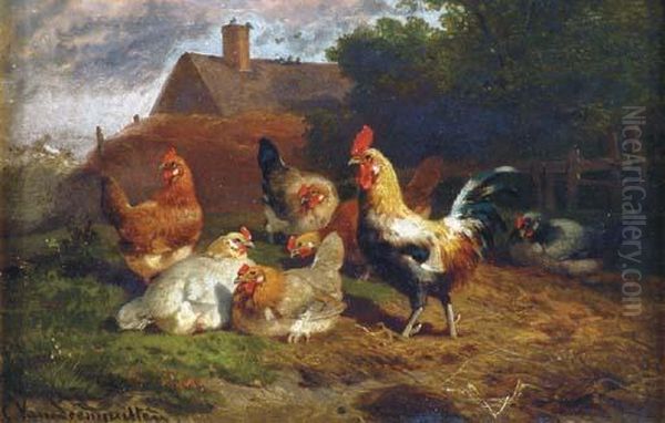 A Rooster And Hens In A Barnyard Oil Painting by Cornelis van Leemputten