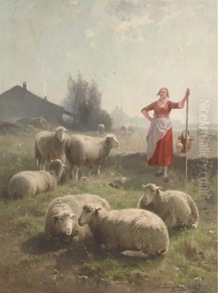 A Shepherdess And Her Flock Oil Painting by Cornelis van Leemputten