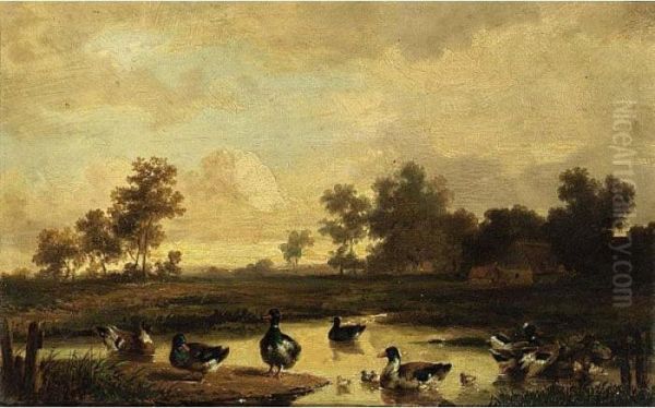 Ducks With Ducklings In A Pool Oil Painting by Cornelis van Leemputten