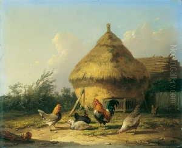 Auf Dem Huhnerhof. Oil Painting by Cornelis van Leemputten