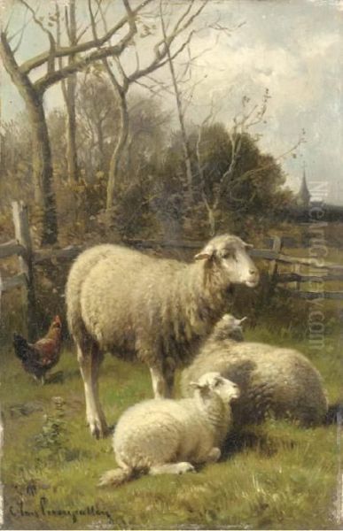 Sheep And A Hen In A Barnyard Oil Painting by Cornelis van Leemputten