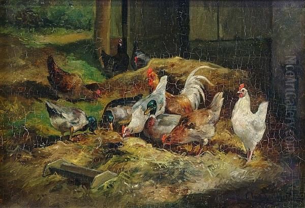 Chickens And Ducks Oil Painting by Cornelis van Leemputten